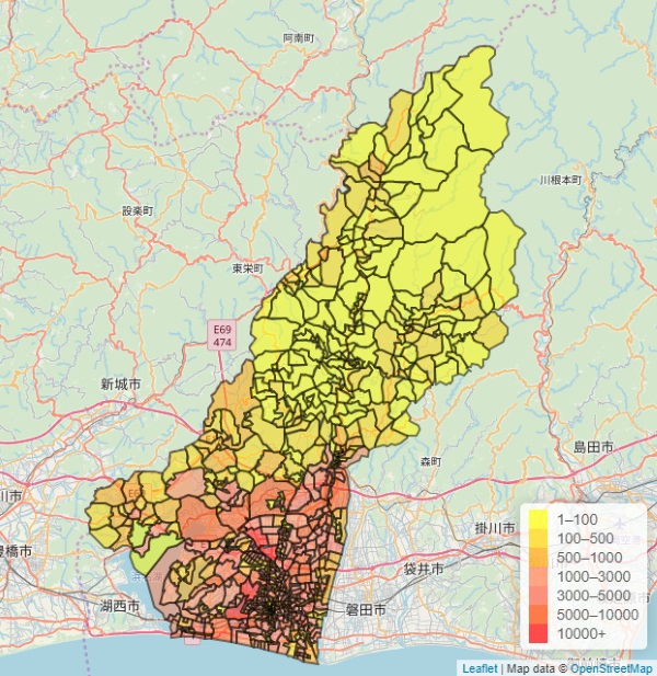 国勢調査:浜松市2015年 小地域別人口総数による色塗り