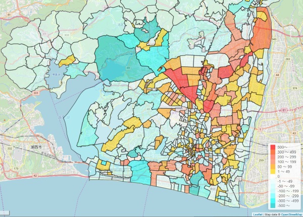 国勢調査:浜松市 2010～2015 小地域別人口増減による色塗り
